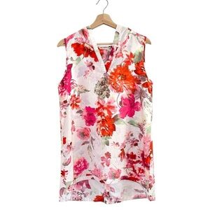 NEW Soft Surroundings Linen Floral Tunic Sleeveless Button Back Hooded Top MP